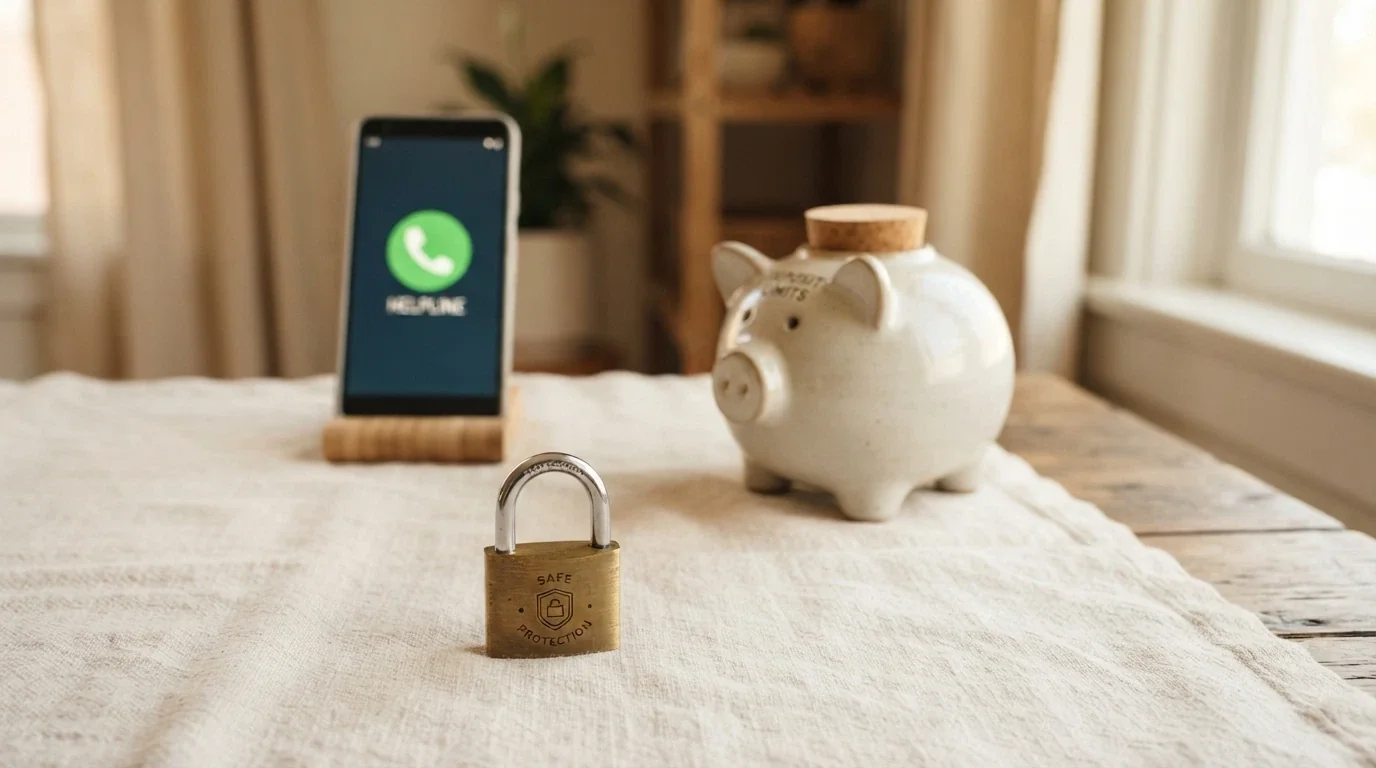 Una composizione di icone: un lucchetto (RUA), un salvadanaio con un tappo (limite di deposito), una cornetta del telefono (numero verde), disposte in modo rassicurante