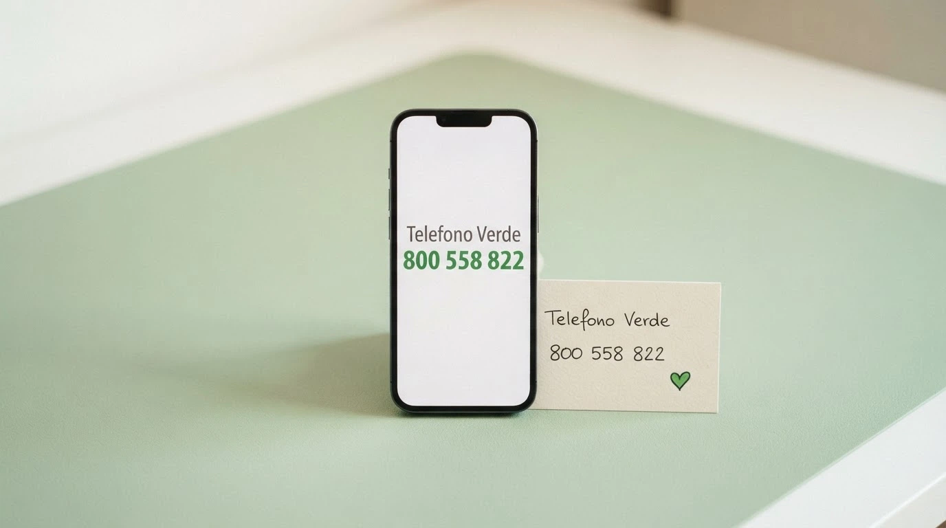 Un telefono fisso bianco con la cornetta sollevata su sfondo verde, accanto un biglietto con il numero verde 800 558 822 scritto a mano, e il logo del Telefono Verde Nazionale