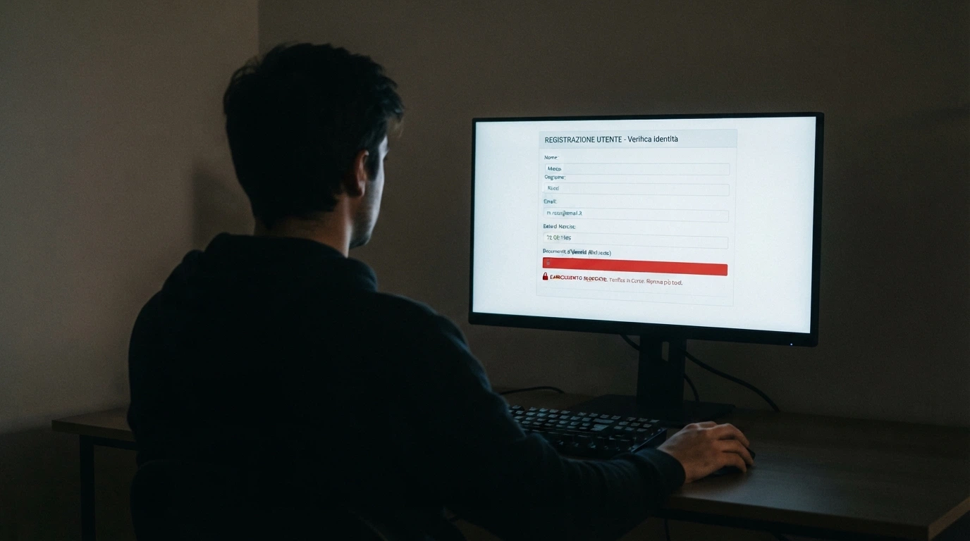 Una silhouette di giocatore davanti allo schermo di un computer, con la schermata di registrazione di un casinò in cui il campo «documento di identità» appare barrato