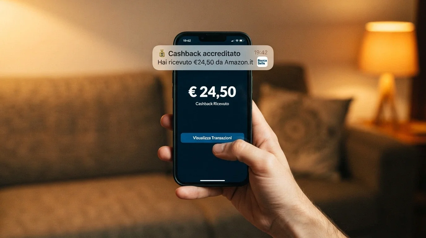 Una mano che tiene uno smartphone con l'app di un casinò italiano aperta sulla schermata del cashback: visibile il saldo rimborsi e la notifica push «Cashback accreditato»