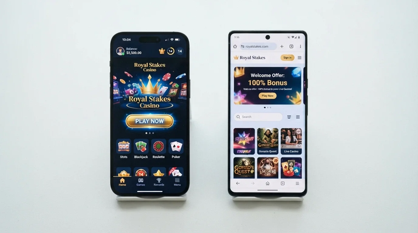 Confronto affiancato tra un'app casinò nativa e la stessa piattaforma aperta nel browser Chrome su uno smartphone Android