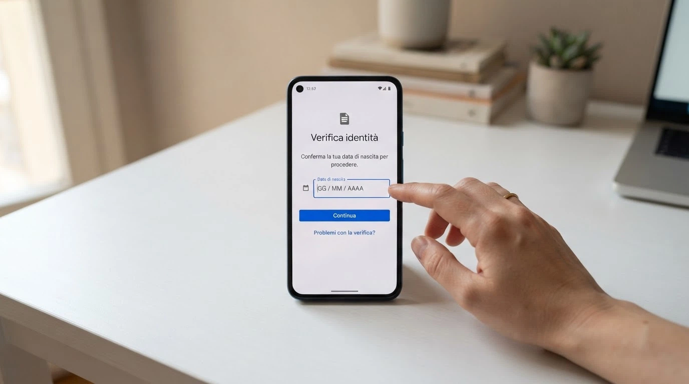 Uno smartphone che mostra la schermata di verifica del documento d'identità su un casinò online, con il modulo di inserimento della data di nascita in primo piano