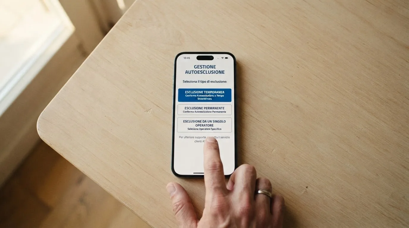 L'interfaccia del portale ADM per l'autoesclusione con le opzioni temporanea, permanente e per singolo concessionario