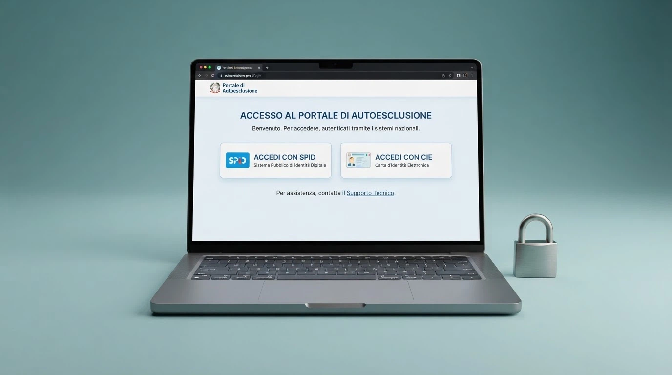 Schermata di accesso al portale RUA di ADM con i pulsanti SPID e CIE, e l'indicazione delle modalità di autoesclusione disponibili