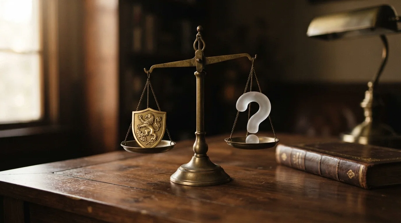 Una bilancia stilizzata con il simbolo ADM su un piatto e un punto interrogativo sull'altro, in equilibrio precario