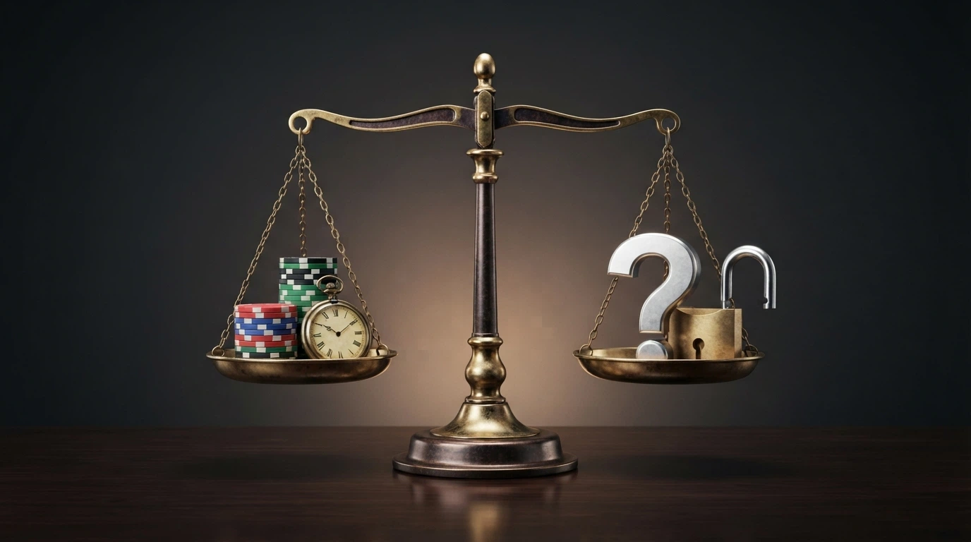 Una bilancia stilizzata con fiches e un orologio su un piatto e un punto interrogativo e un lucchetto sull'altro, in equilibrio precario
