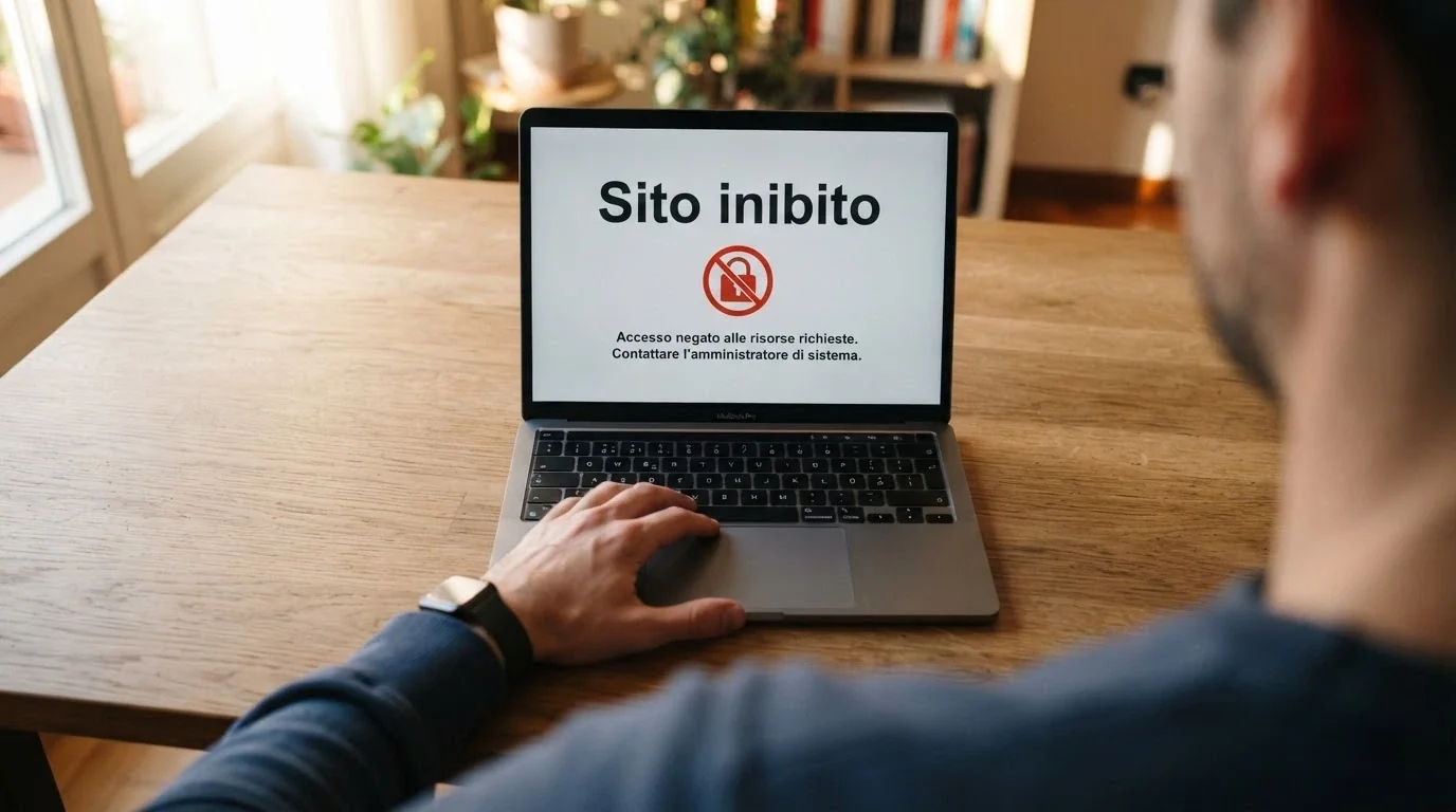 Lo schermo di un browser che mostra una pagina di reindirizzamento con il logo ADM e la scritta «Sito inibito», con un lucchetto barrato in primo piano