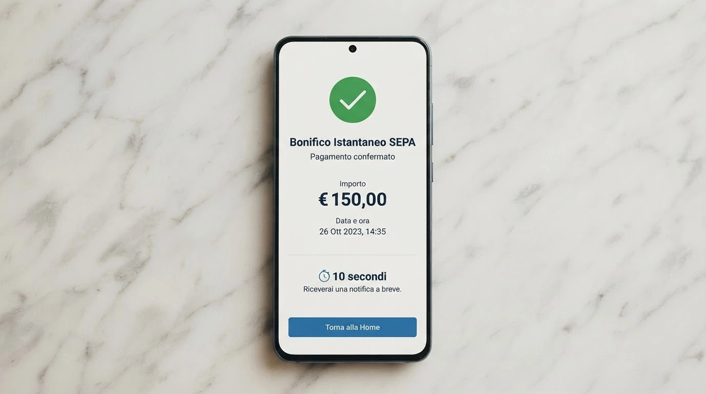 Lo schermo di un'app bancaria su smartphone che mostra la conferma di un bonifico istantaneo SEPA inviato con successo, accanto al logo dell'Unione Europea e alla dicitura «10 secondi»