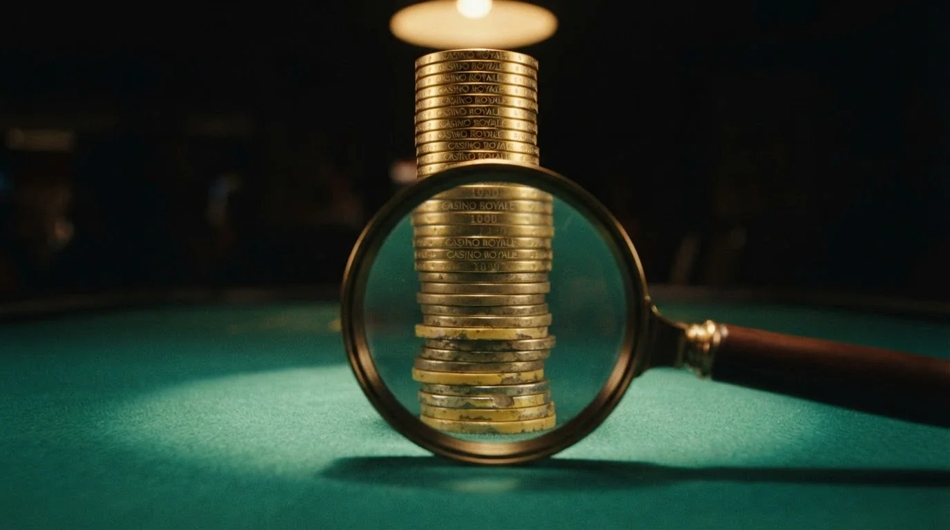 Una pila di monete di Bitcoin in primo piano, con una lente di ingrandimento che ne rivela il valore reale notevolmente inferiore a quello dichiarato