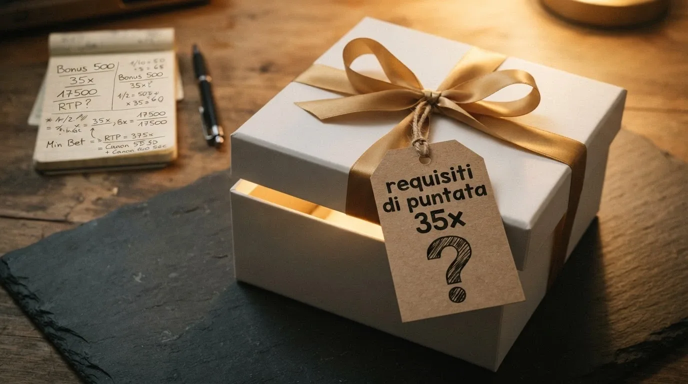 Un pacco regalo con un cartellino attaccato che mostra la formula «wagering 35x» e un punto interrogativo