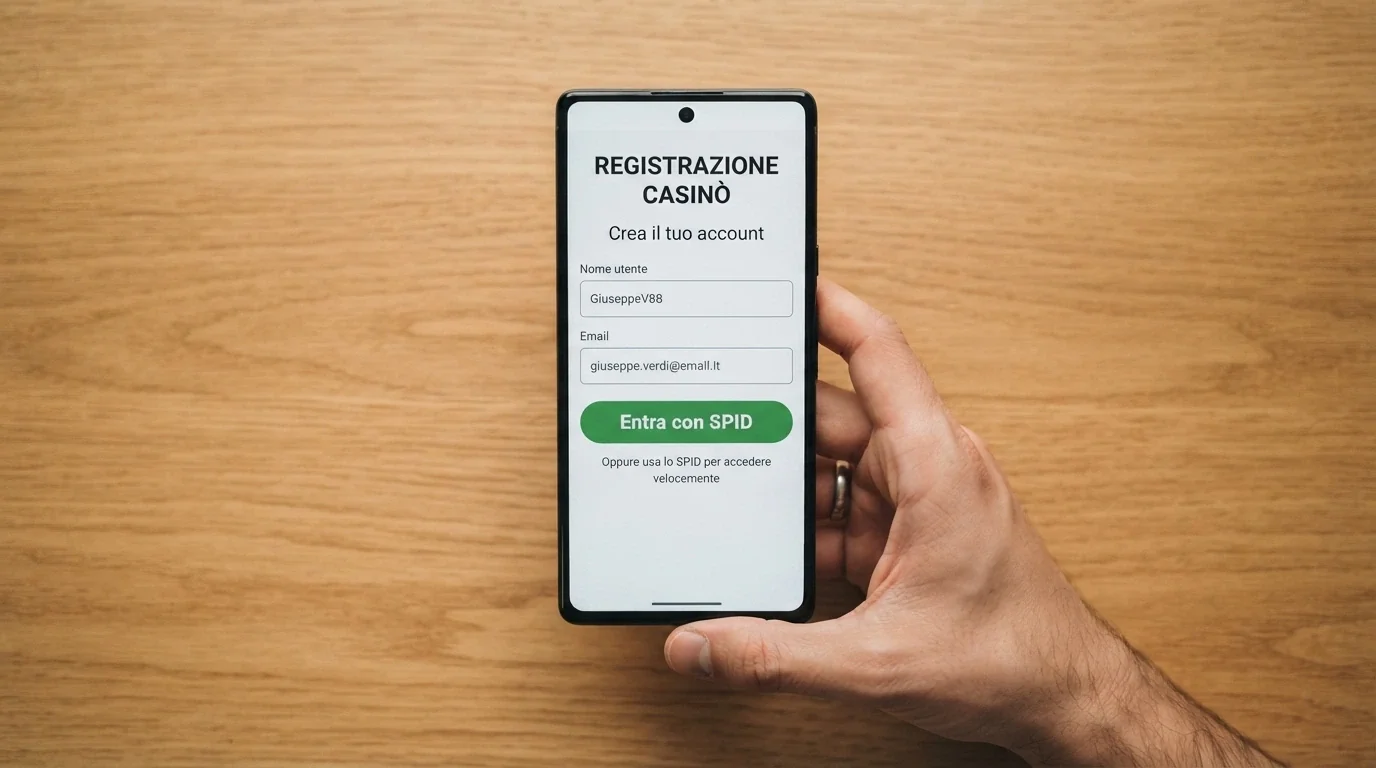 Uno smartphone con lo schermo che mostra la pagina di registrazione di un casinò ADM, il pulsante «Entra con SPID» in evidenza, una mano che tiene il telefono