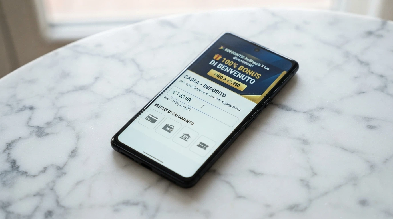 Pagina di cassa di un casinò online con riquadro del bonus di benvenuto e opzioni di deposito