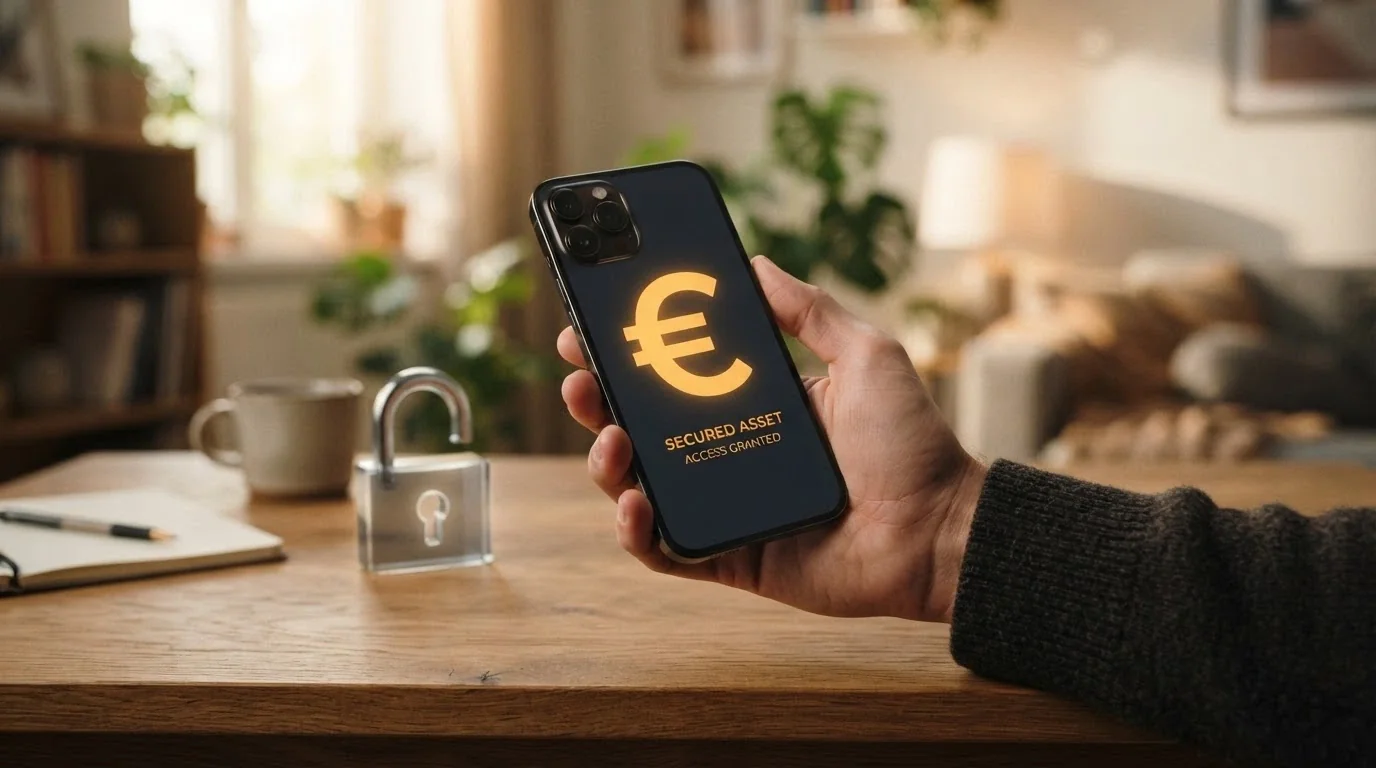 Una mano che porge una carta di credito virtuale con la cifra «500€» in primo piano, sovrastata da un lucchetto semiaperto che ne limita l'accesso