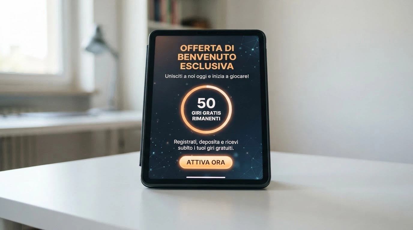 Un pannello promozionale di un casinò italiano con l'offerta di giri gratis senza deposito e il contatore dei giri residui