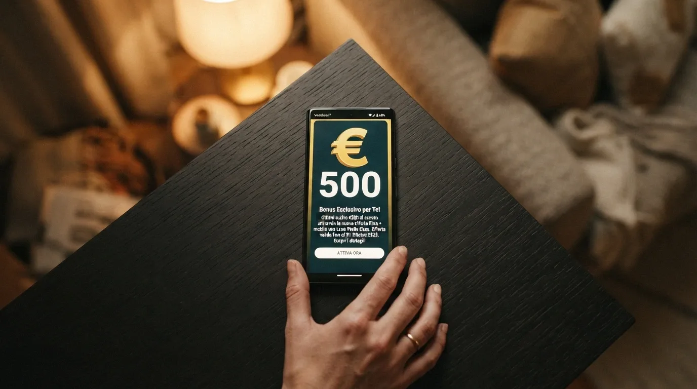 Uno smartphone con la schermata di un'offerta di bonus senza deposito di un casinò ADM, con l'importo del bonus in evidenza e le condizioni in caratteri più piccoli sotto