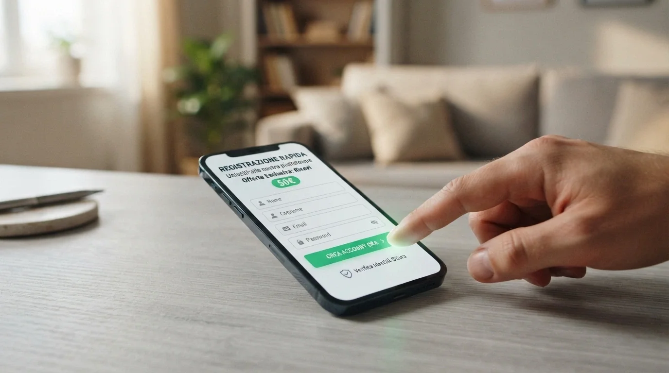 Una mano che clicca su un pulsante «registrati e ricevi 50€» sullo schermo di un casinò online, con il logo SPID visibile accanto al form