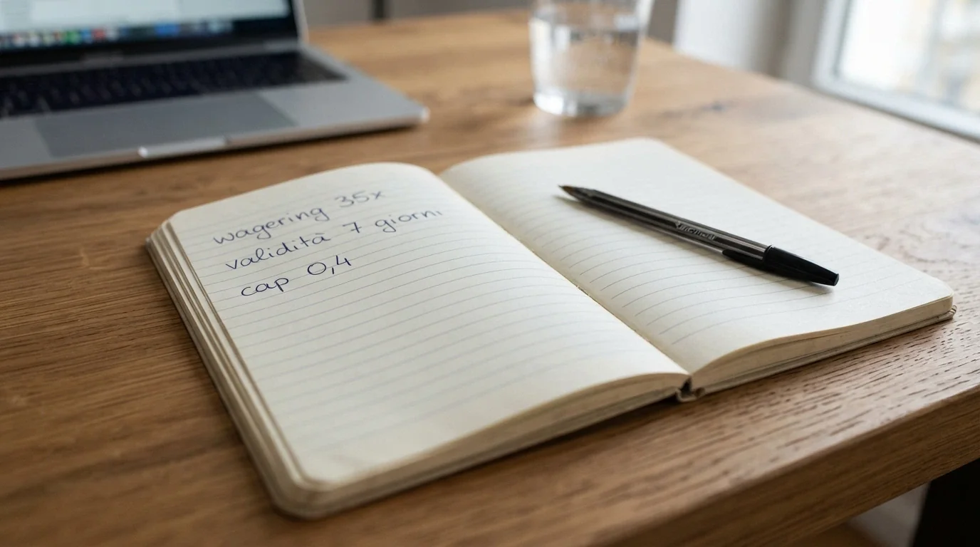 Un primo piano di un blocco note con una penna accanto, sul foglio sono annotati «wagering 35x», «validità 7 giorni», «cap 0,4» — i termini reali di un bonus senza deposito