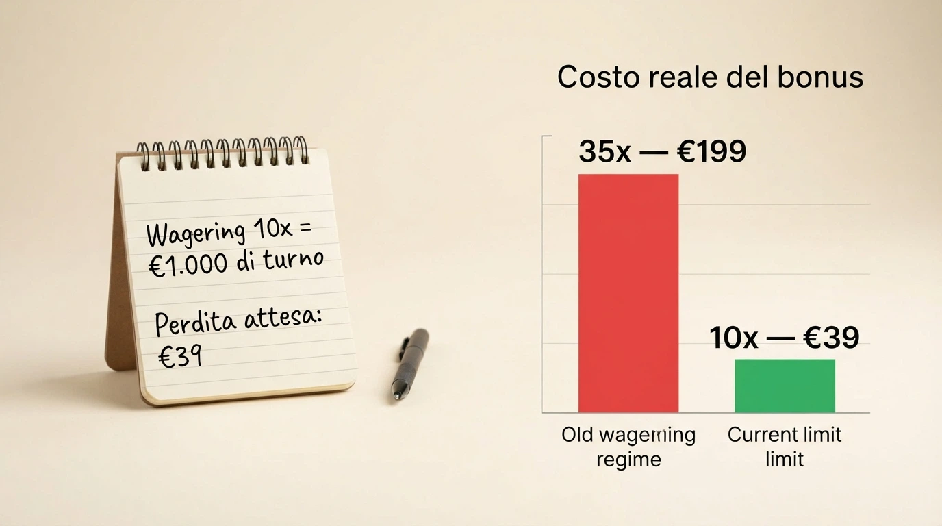 Una calcolatrice accanto a un blocco note su cui è scritto «Wagering 10x = €1.000 di turnover», con un grafico a barre che confronta il vecchio wagering a 35x e il nuovo a 10x