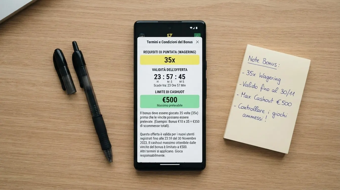 Sezione termini e condizioni di un bonus di benvenuto in un'app casinò ADM, con wagering, validità e limite al cashout evidenziati