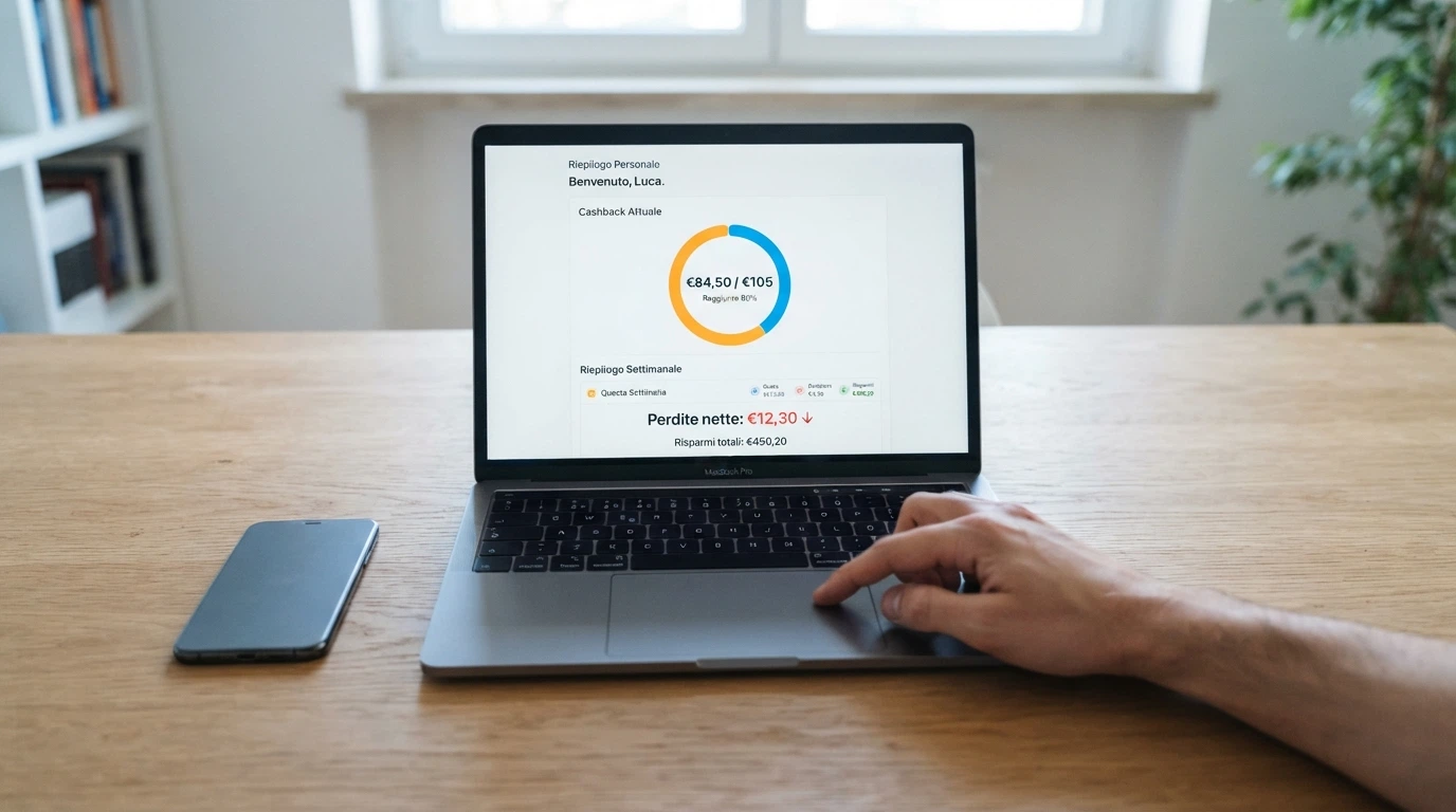 Un'area personale di un casinò online italiano con il contatore cashback in evidenza, la voce «perdite nette» e l'accredito settimanale in programma