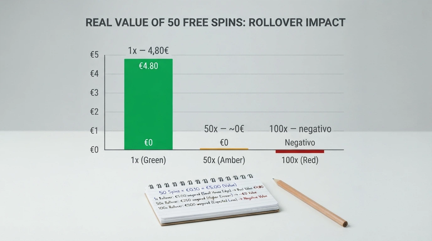 Monete da 0,05 e 0,10 euro allineate accanto a un contatore di free spin e a un foglio con la scritta «rollover»