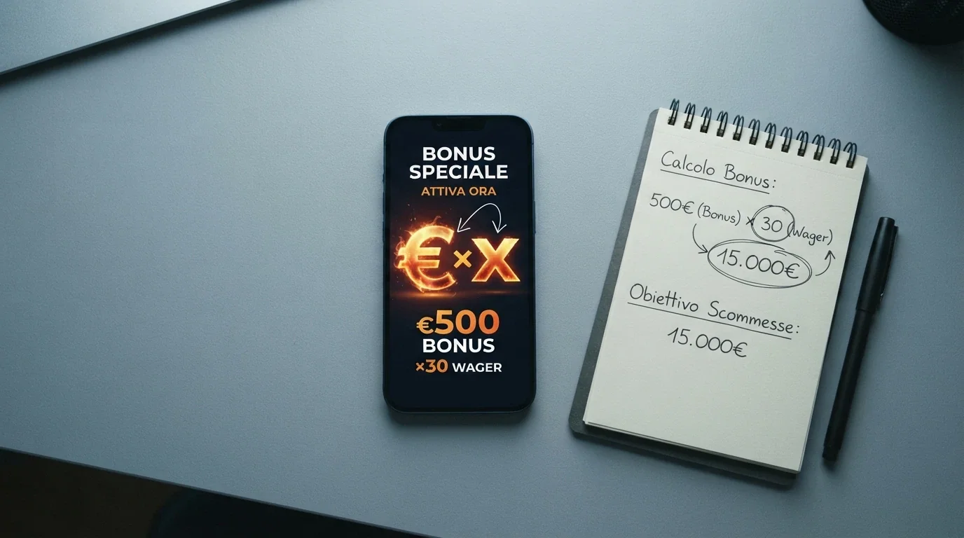 Un iPhone con una calcolatrice aperta accanto alla schermata di un bonus di benvenuto, frecce che collegano l'importo del bonus a un moltiplicatore, toni freddi