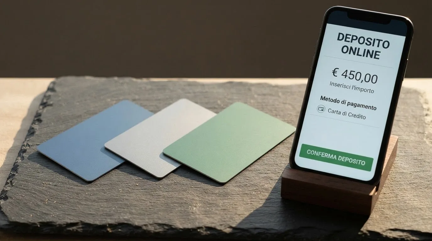 Vetrina di carte di pagamento accostate a uno smartphone con l'interfaccia di deposito di un casinò