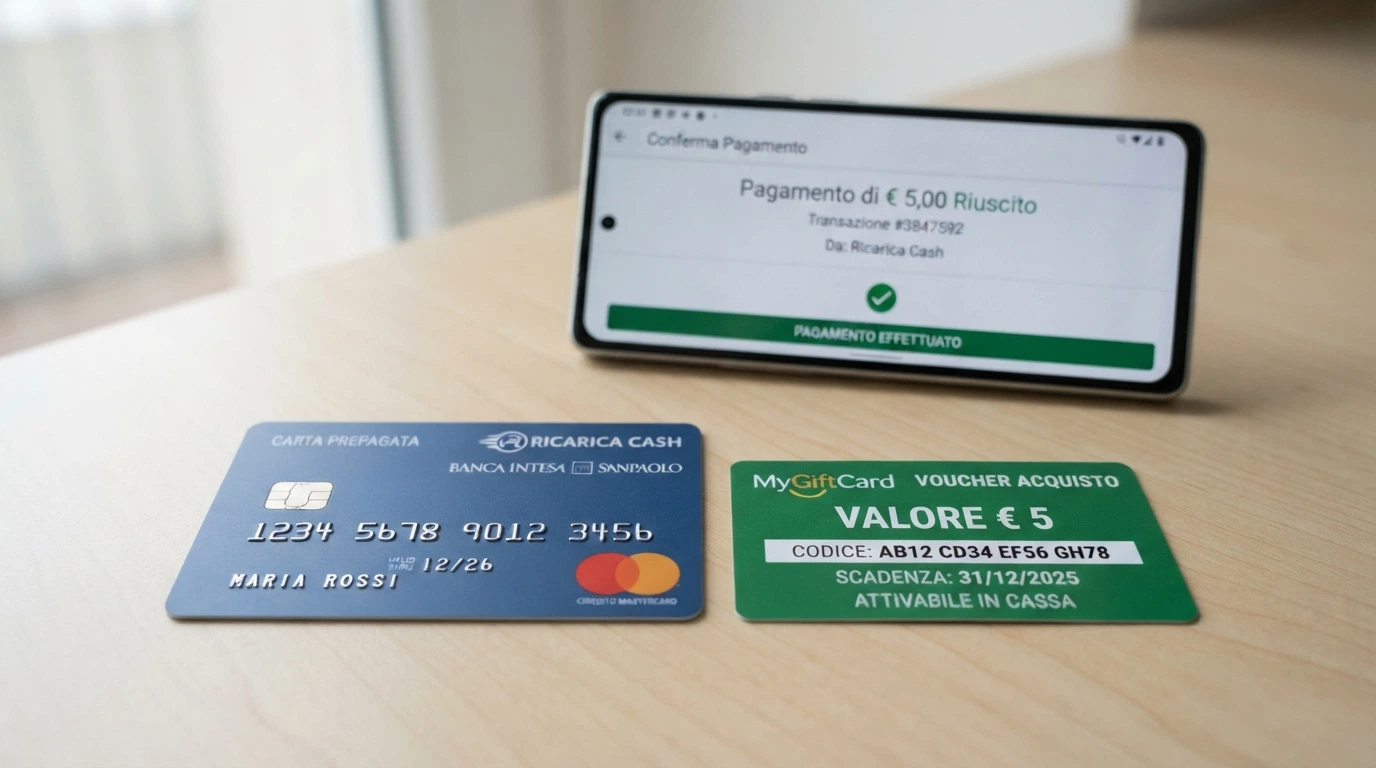 Una carta Postepay e un codice Paysafecard affiancati, con lo sfondo dell'interfaccia di pagamento di un casinò