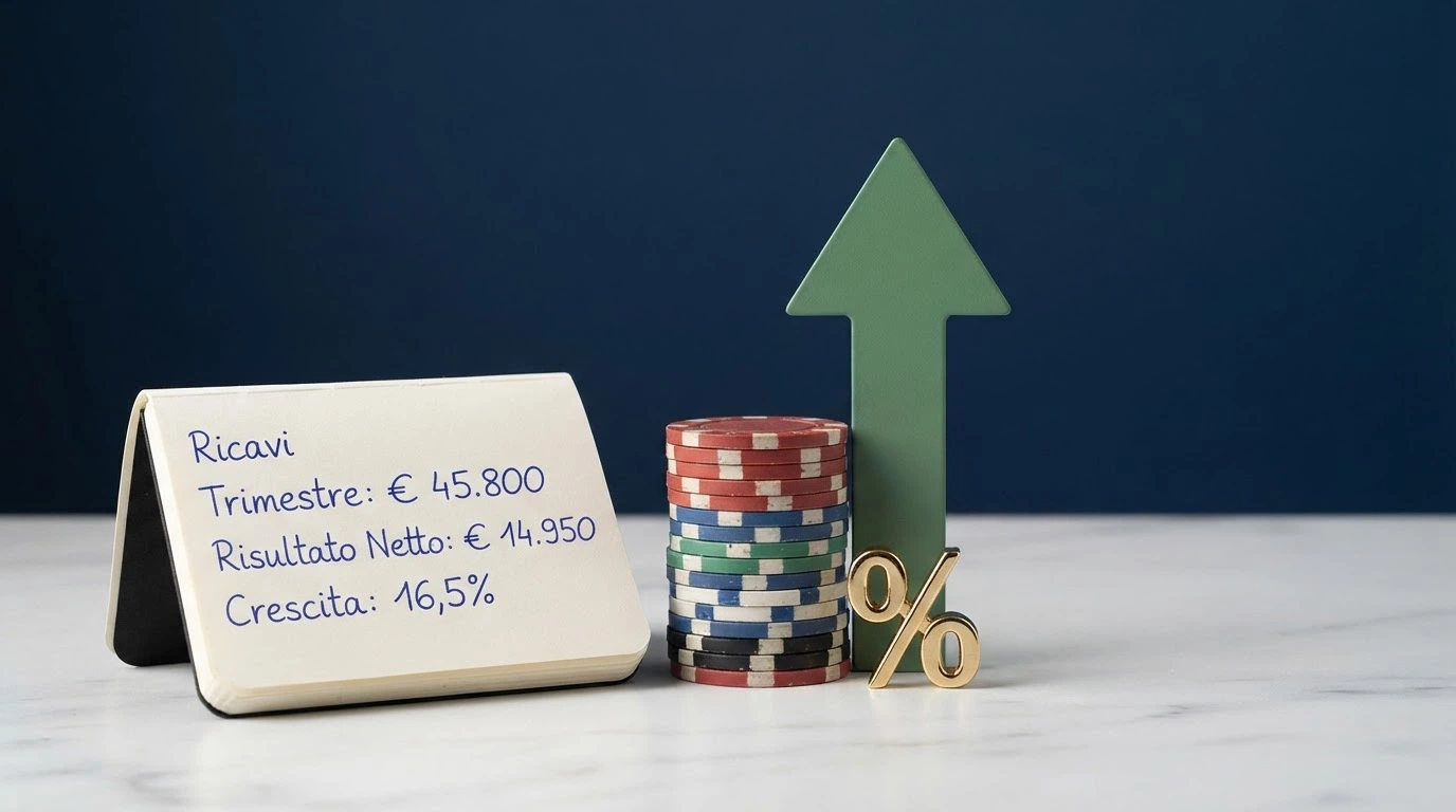 Una calcolatrice accanto a una pila di fiches da casinò, con una freccia verde che indica una percentuale di ritorno