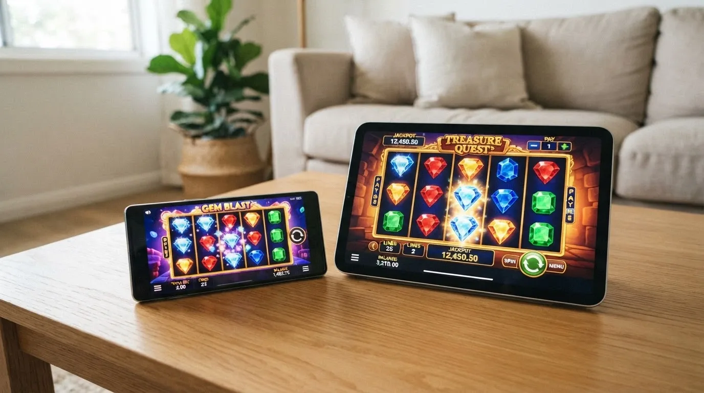 Uno smartphone e un tablet appoggiati su un tavolo, entrambi con una slot machine in esecuzione sullo schermo