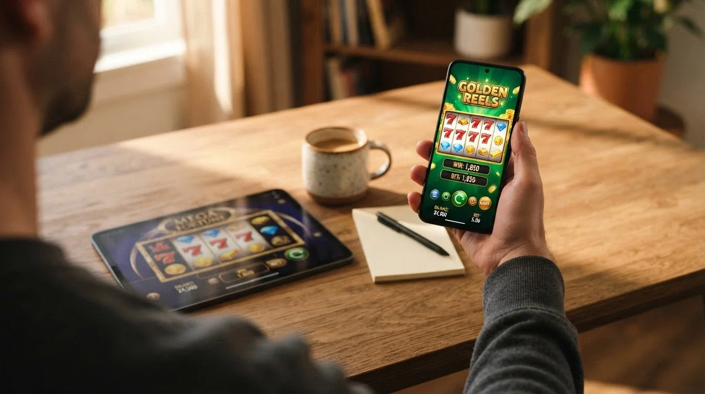 Uno smartphone in mano con l'interfaccia di un casinò sullo schermo, sullo sfondo un tablet con la stessa schermata