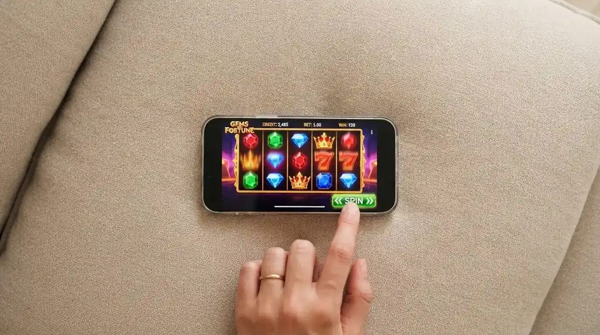 Smartphone con una slot machine in esecuzione nell'interfaccia mobile di un casinò online