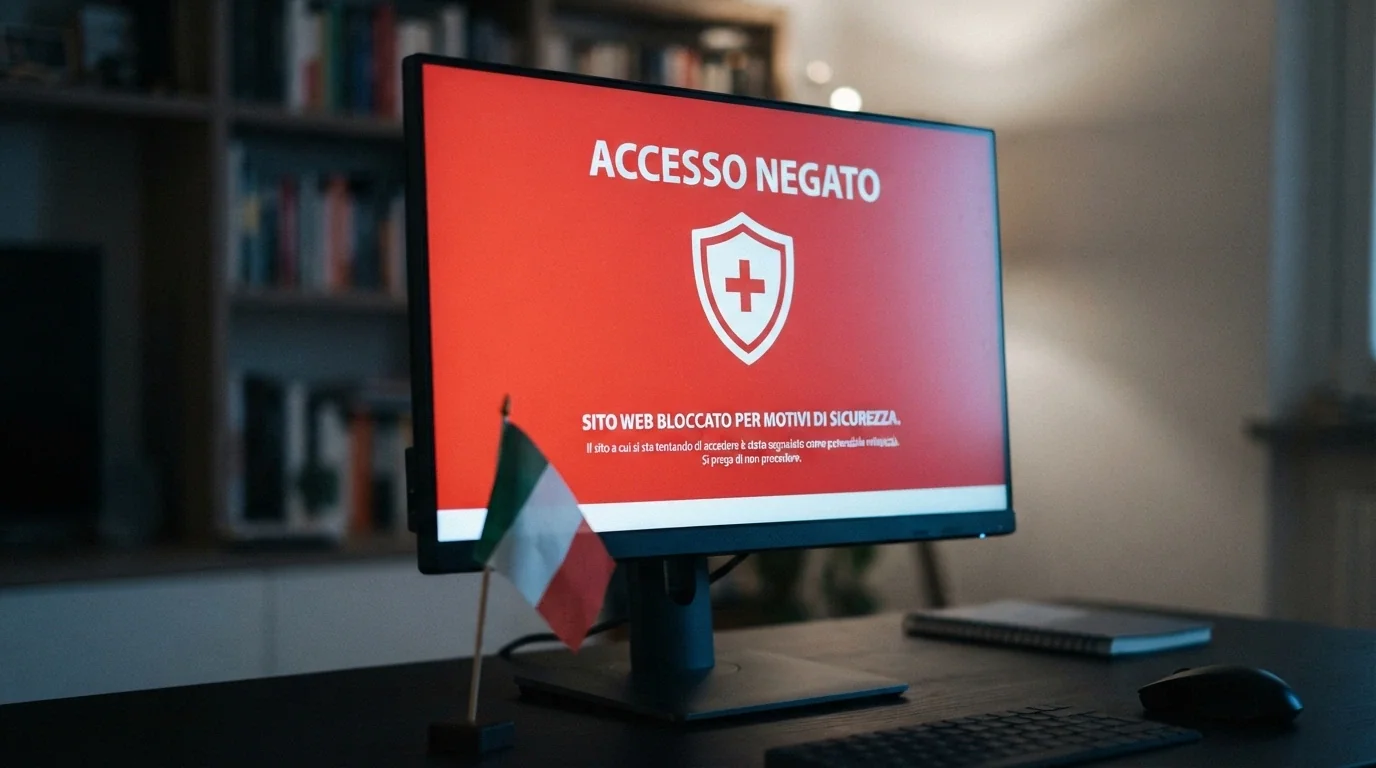 Lo schermo di un computer che mostra un avviso di blocco DNS con la dicitura «sito non autorizzato ADM» e una bandierina italiana in primo piano