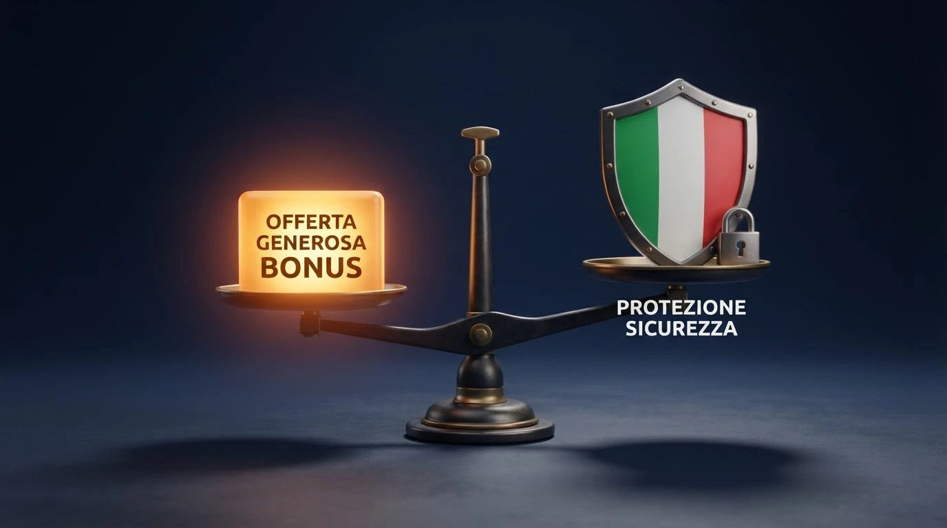 Una bilancia: su un piatto «Bonus 400%» luminoso, sull'altro uno scudo con la bandiera italiana e la scritta «Nessuna protezione»