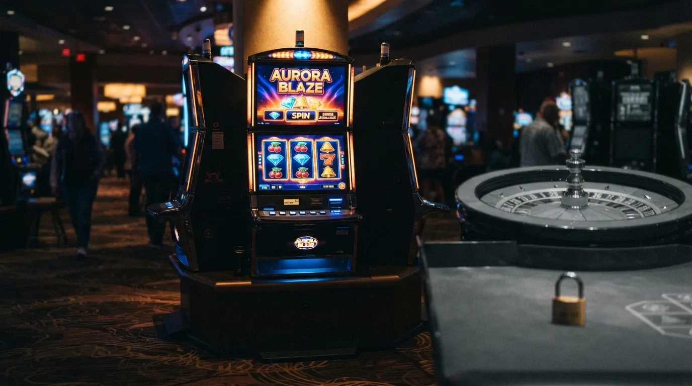 Una slot machine colorata al centro, affiancata da un tavolo da roulette in bianco e nero con un lucchetto sopra, a indicare l'esclusione del live casino dai bonus