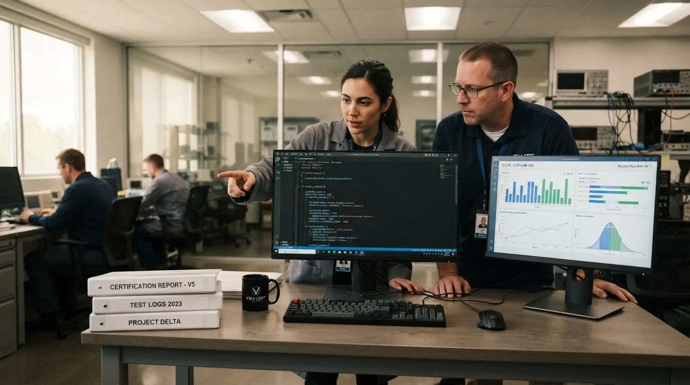 Un laboratorio di certificazione con tecnici che analizzano codice su schermo, logo ADM visibile su un monitor di controllo, grafici statistici su un display secondario