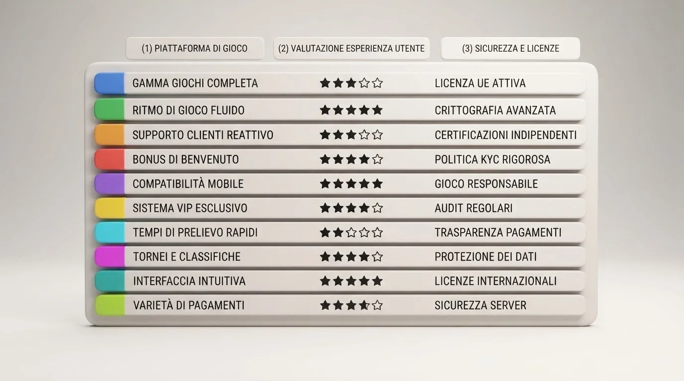 Una tabella comparativa stilizzata con 10 righe e le colonne principali (bonus, rollover, cap) in evidenza, su uno sfondo pulito da dashboard