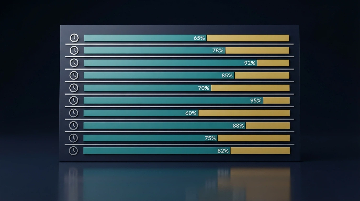 Una tabella comparativa stilizzata con 10 righe e icone di orologi e percentuali, in stile infografica su sfondo scuro