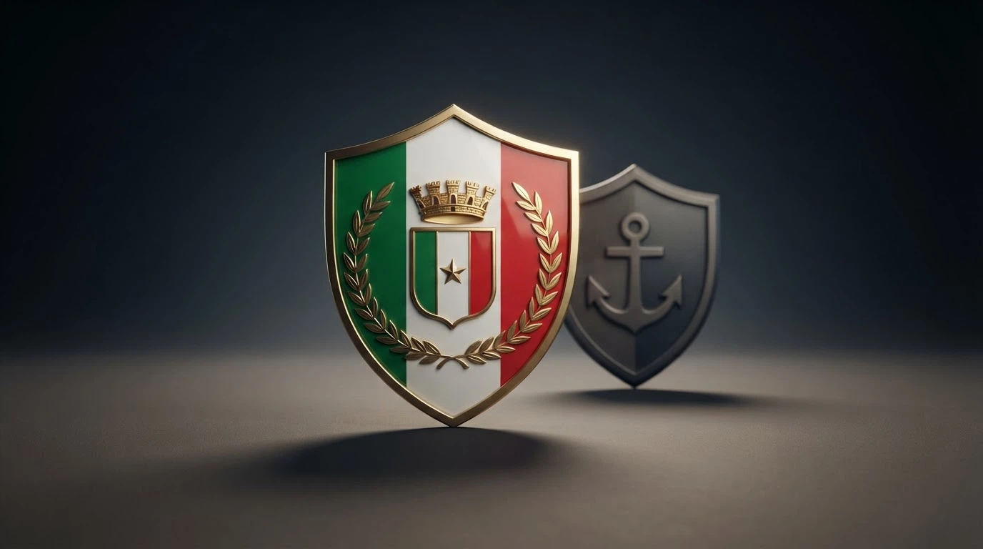 lo scudo dell’ADM accanto alla bandiera italiana e, in secondo piano sfocato, il simbolo di una licenza offshore