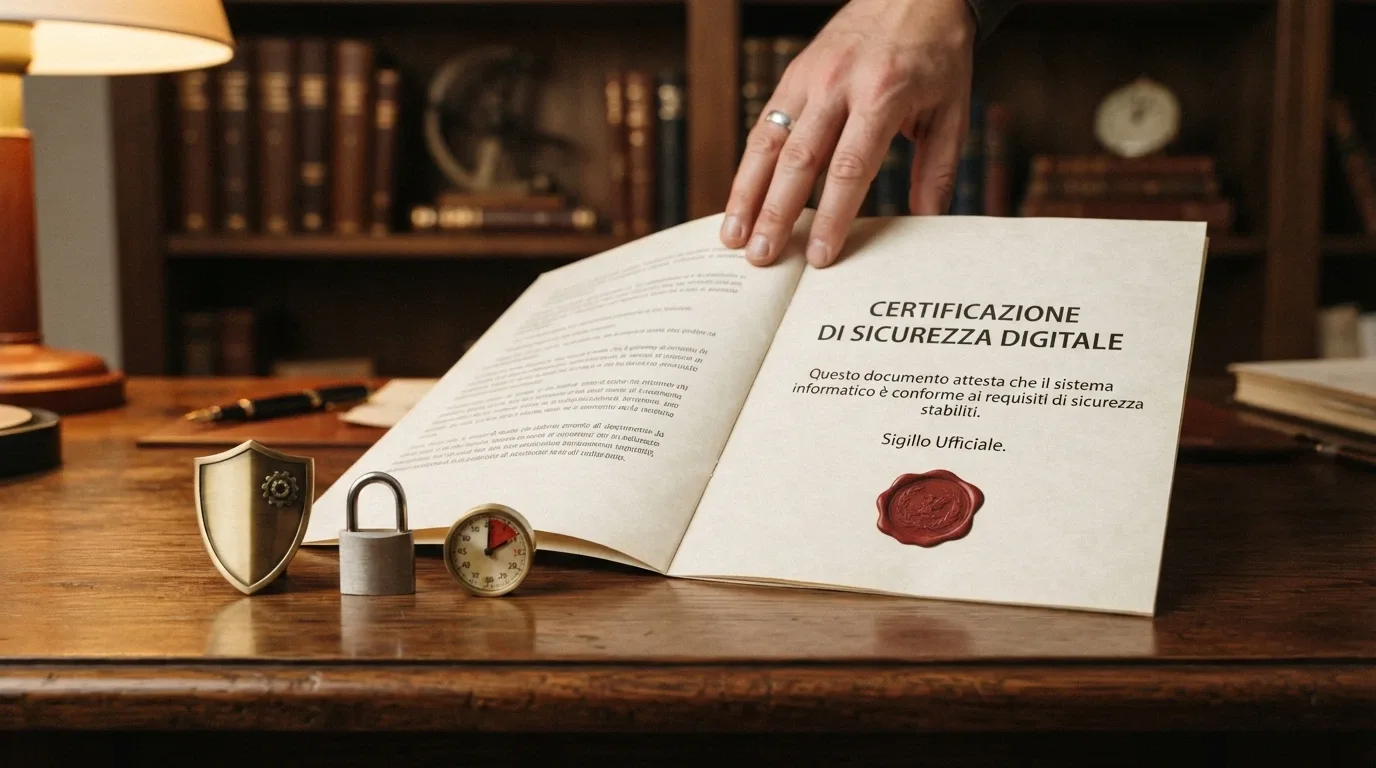 Il documento ufficiale di una concessione ADM con sigillo, affiancato da icone che rappresentano le tutele: scudo (protezione legale), limite (controllo spesa), lucchetto (blocco DNS)