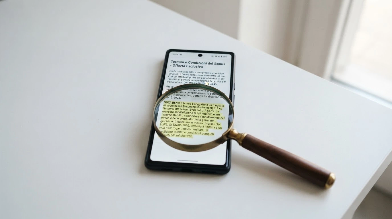 Primo piano di un telefono con i termini e condizioni di un bonus evidenziati in giallo, con una lente di ingrandimento sopra