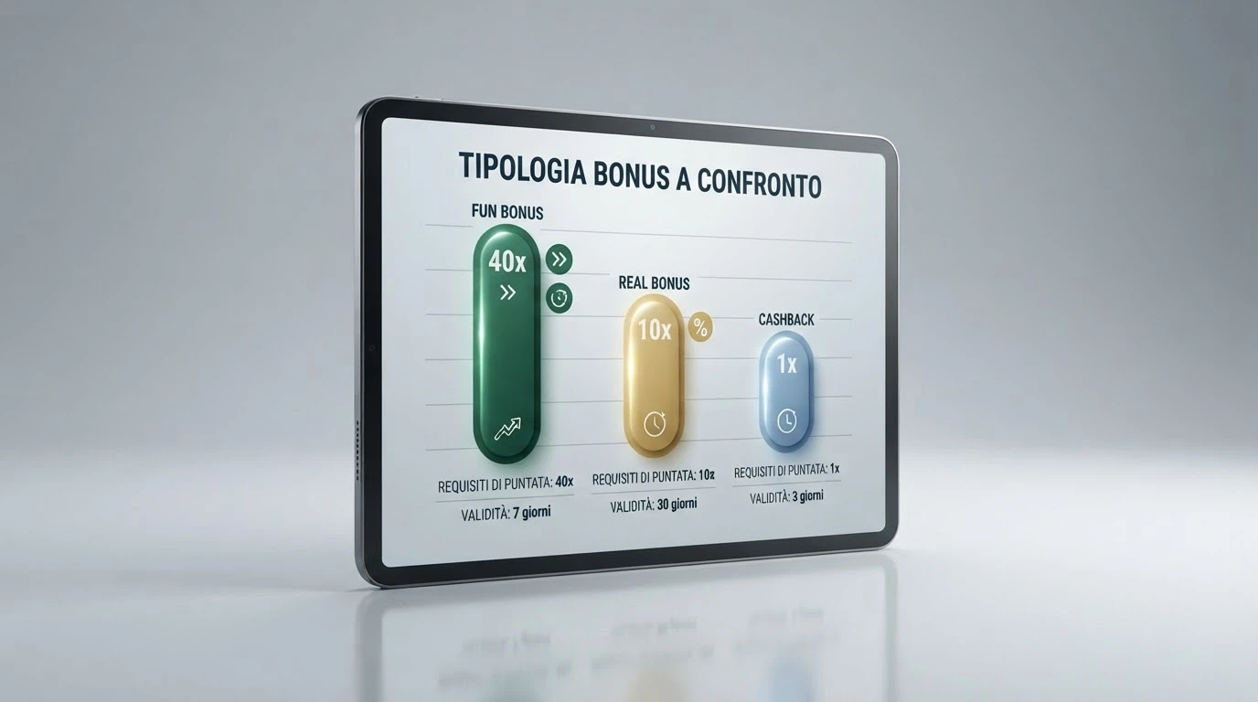 Tabella comparativa stilizzata con icone per tipo di bonus, wagering e validità