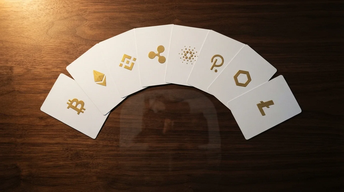 Una vista dall'alto di dieci carte da gioco disposte a ventaglio con il logo Bitcoin impresso su ciascuna, illuminate da una luce laterale