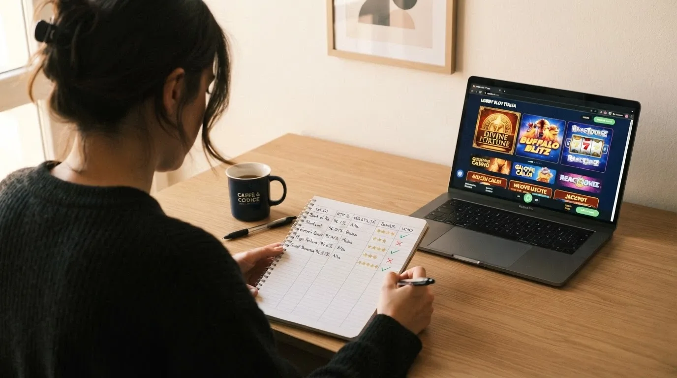 Schermata di un confronto tra piattaforme di casinò online con licenza ADM, con colonne per bonus, giochi e wagering