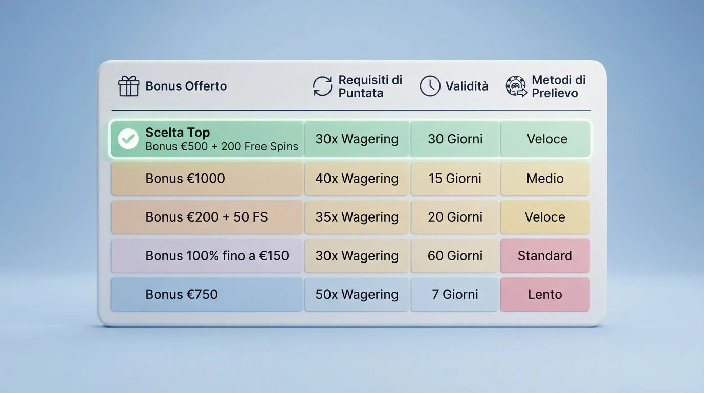 Tabella comparativa stilizzata con colonne per bonus, requisito di puntata, validità e prelievo massimo, con un segno di spunta sulla riga del bonus più accessibile