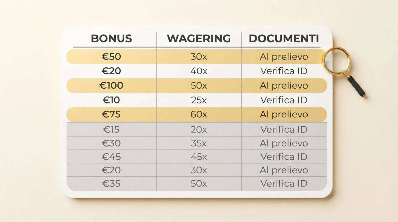 Una tabella comparativa stilizzata con le colonne Bonus, Wagering e Documenti Richiesti, con le prime righe in evidenza
