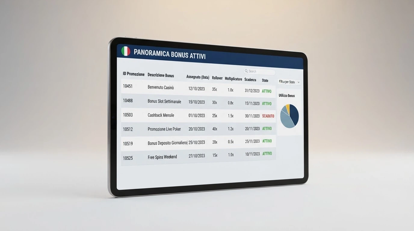 Una tabella stilizzata su uno schermo con le colonne Operatore, Bonus, Rollover e Validità, con la bandiera italiana e il logo ADM ben visibili nell'intestazione