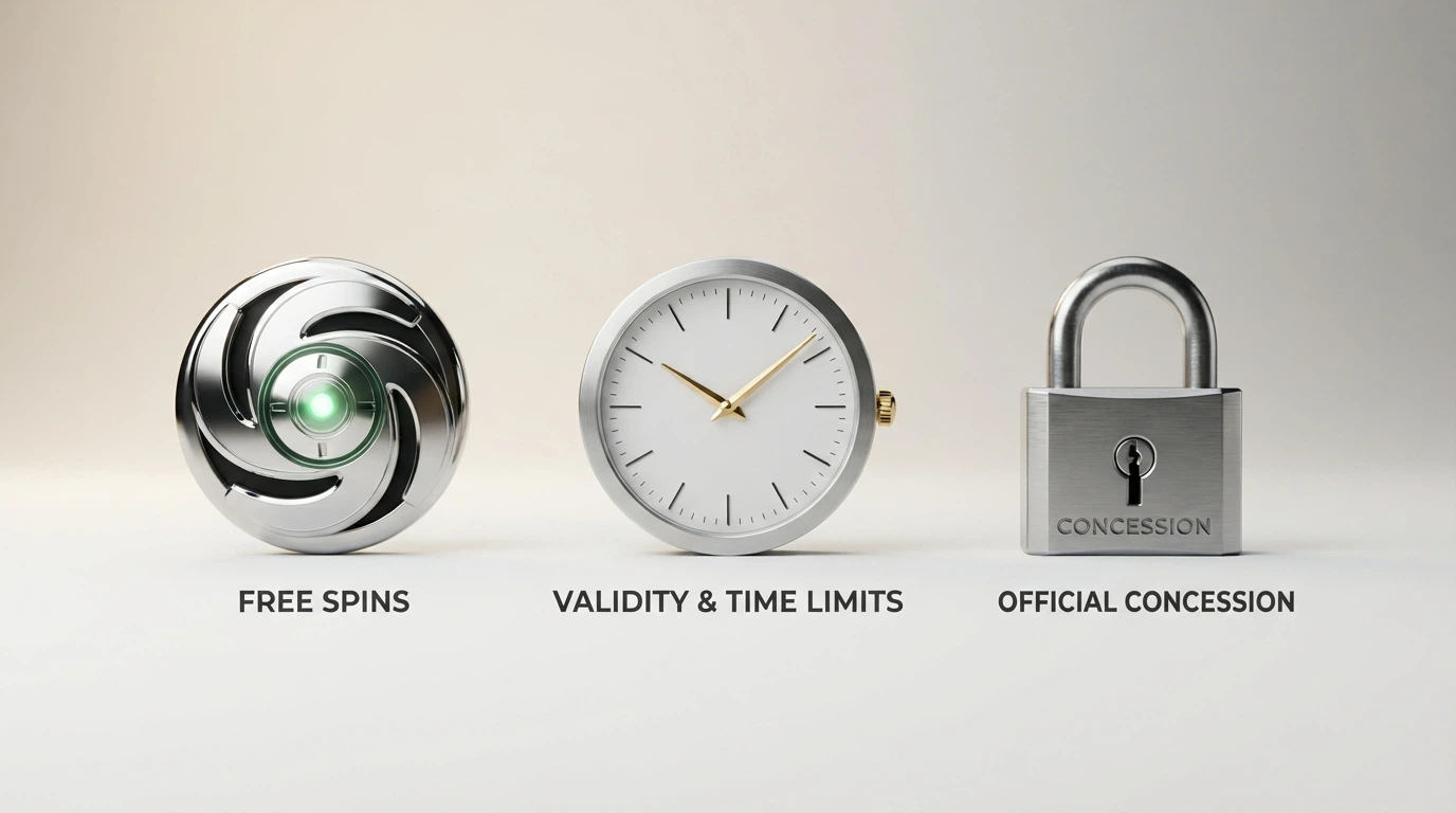Una tabella comparativa stilizzata su sfondo neutro con icone che rappresentano free spin, orologio (validità) e lucchetto (concessione)