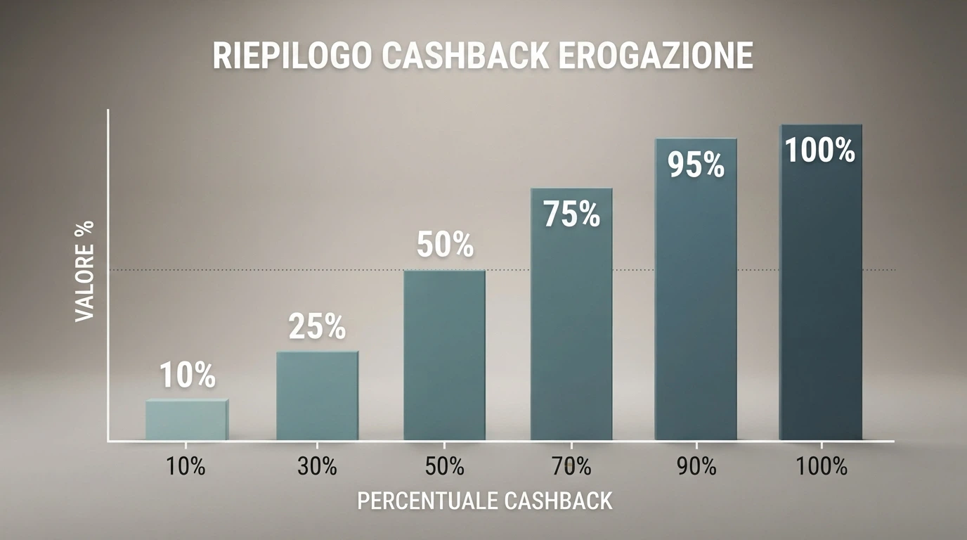 Un grafico comparativo stilizzato con barre verticali che mostrano le percentuali di cashback dei principali operatori italiani, dal 10% al 100%