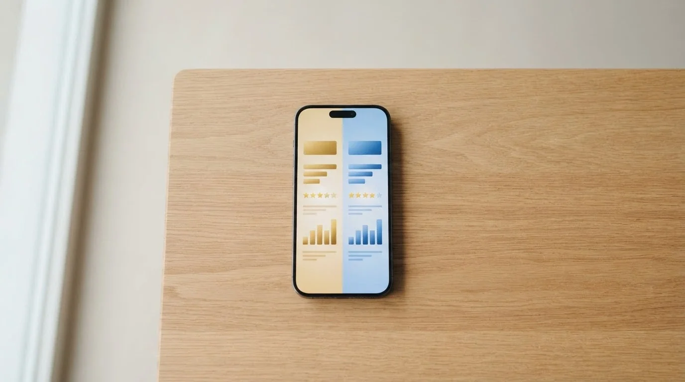 Una vista dall'alto di un iPhone con una tabella comparativa stilizzata che mostra nomi di casinò, importi bonus e stelle di valutazione, elementi grafici astratti